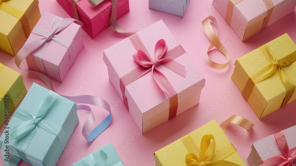 Canvas Prints Boxes in various colors with ribbon on a pink backdrop