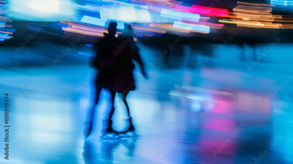 Wall mural A dreamy blur of ice dancers under ling lights