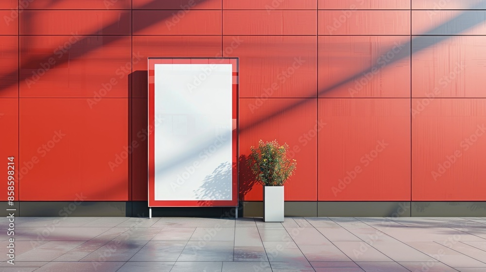 Poster mock up of a vertical poster on a digital board with red frame and white background