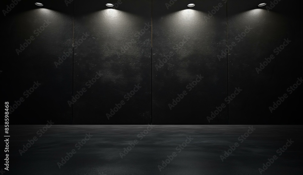 Poster an empty dark room with a concrete floor and four spotlights illuminating sections of a black textur