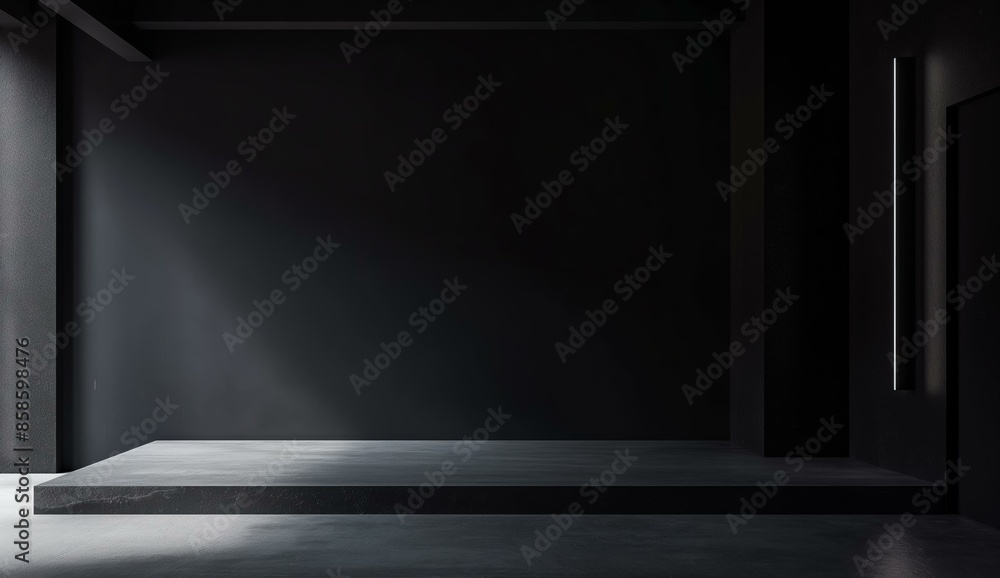 Poster a minimalist dark room with a concrete floor and walls, illuminated by a spotlight casting soft shad
