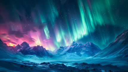 Fototapeta premium Beautiful northern lights in the night sky. Aurora borealis background with stars and glow of polar lights.