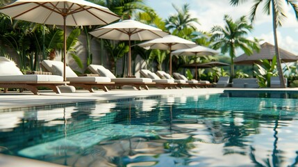 Obraz premium Tropical Poolside Bliss: Lounge Chairs and Umbrellas