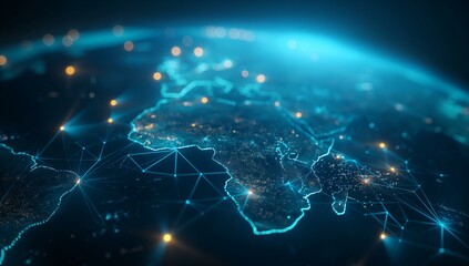 A digital representation of the Earth, showcasing a network of glowing blue connections and illuminated nodes, symbolizing global connectivity and technology. The map focuses on various continents i