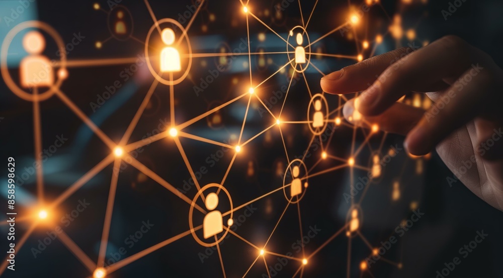 Poster a digital representation of a social network where a hand interacts with the interconnected nodes, s