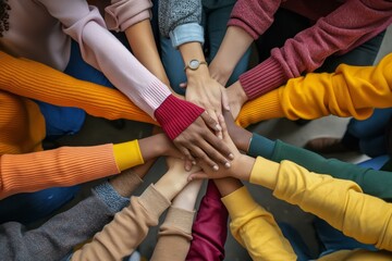 A diverse group of people standing in a circle with their hands stacked on top of each other, symbolizing unity and teamwork. The individuals are wearing various colorful sweaters