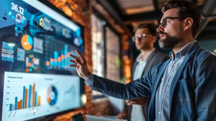 Strategic Business Leader Presenting Sales Performance Analysis on Large Digital Display to Engaged Colleagues