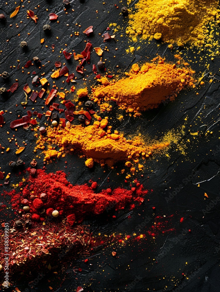 Aufkleber A close-up image of various spices arranged on a black surface. Generative AI