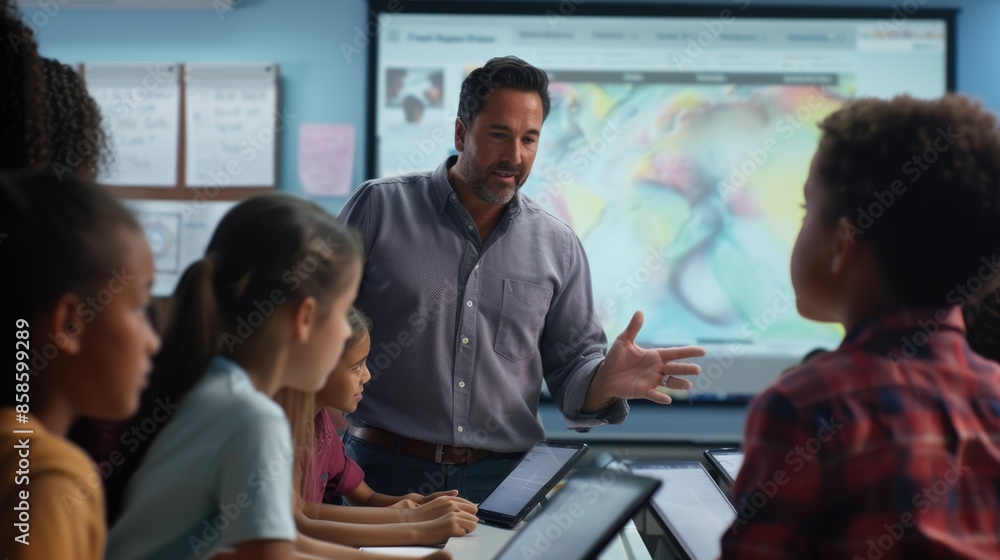 Poster portrait of teacher teaching about ai at digital classroom. multicultural elementary student learnin