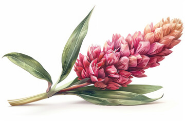 Fototapeta premium Exquisite Botanical Illustration of Exotic Pink Ginger Flower with Lush Green Leaves Perfect for Artistic and Scientific Displays, Nature Enthusiasts, and Home Decor Inspiration