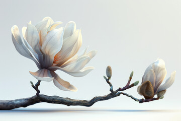 Serene Beauty of Magnolia Blooms on a Branch Captivating Close Up of White Magnolia Flowers with Soft Lighting and Gentle Shadows in a Peaceful, Minimalistic Setting