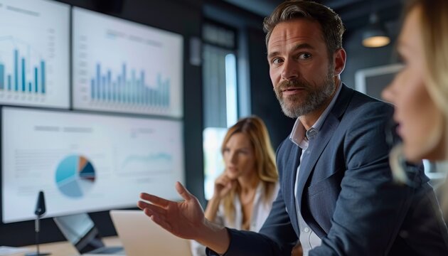 Expert Sales Leader Presenting Performance Metrics in Contemporary Conference Room to Engaged Team Members