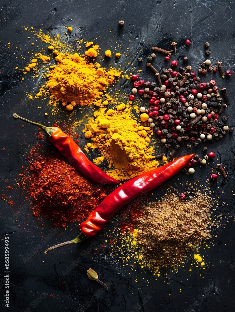 Poster a close-up shot of various spices arranged on a black surface. generative ai