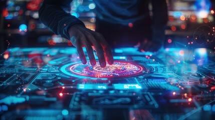 Futuristic technology interface with a hand interacting. Digital hologram and AI concept. Innovation and advanced computing visuals.