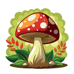 Colored vector illustration of One red fresh mushroom Fly agaric with green leaves isolated on a white background