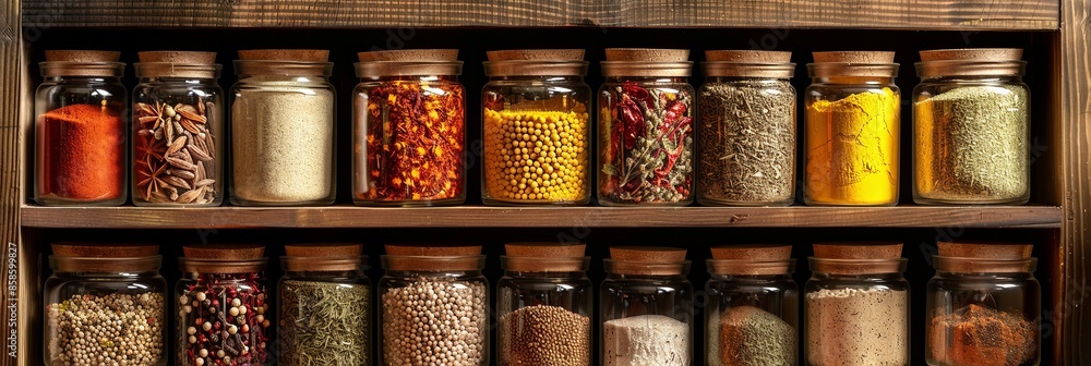 Poster an assortment of spices in glass jars neatly arranged on a wooden shelf. labels indicate contents su