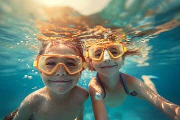 Fototapeta premium Two kids underwater with goggles, smiling and happy