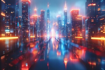 Fototapeta premium Futuristic cityscape at night with glowing skyscrapers and reflected lights on a wet street, creating a cyberpunk atmosphere.