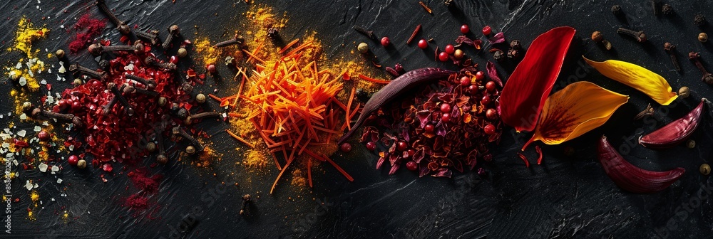 Poster an array of bright spices and petals arranged against a dark backdrop. generative ai