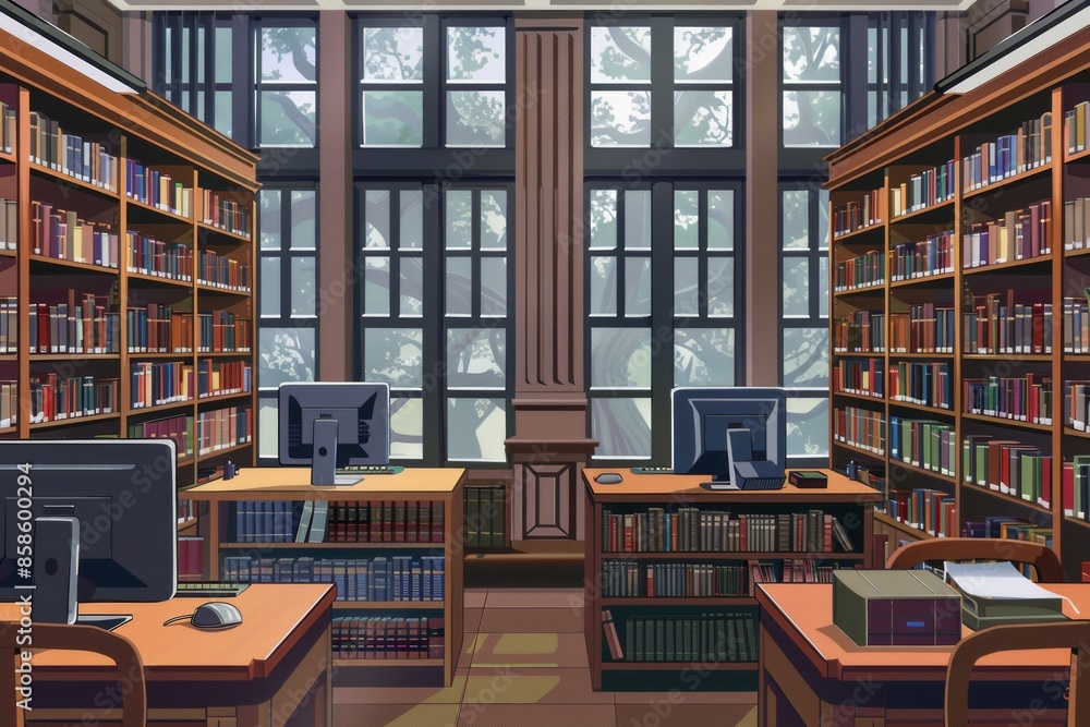 Leinwandbilder a digital illustration of a modern student library with bookshelves and computers. perfect for educa
