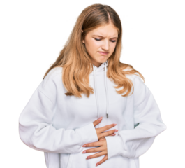 Beautiful young caucasian girl wearing casual sweatshirt with hand on stomach because indigestion, painful illness feeling unwell. ache concept.