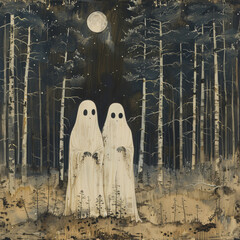 Vintage oil painting of two ghosts in an autumn forest, creating a charming and slightly eerie scene with a warm, nostalgic atmosphere.