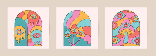 Groovy hippie posters, cards with surreal abstract eyes, mushrooms, arches. Retro 70s and 80s frames.for print, music album covers