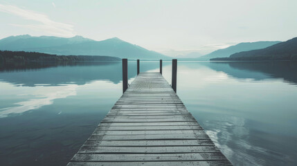 Fototapeta premium Tranquil morning at a serene lake with a wooden pier leading into the calm water and mountains in the background