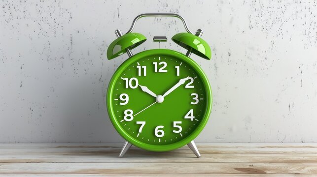 Alarm clock on table displaying one minute to midnight with green clock face 11 59 AM PM against white backdrop