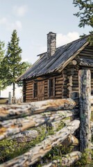 Rustic wooden cabin in countryside surrounded by trees and wooden fence, daytime. Rural life and nature concept
