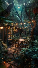 Naklejka premium Cozy outdoor garden cafe with string lights, shaded by trees, creating a magical, intimate atmosphere for dining or relaxation.