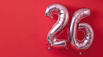 Silver balloon number 26 Birthday card with 26 Anniversary banner with silver number on red backdrop Ample space for text