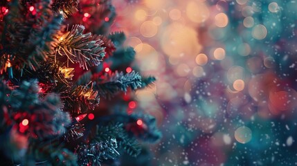 Christmas tree adorned with colorful lights against a blurred backdrop for text placement