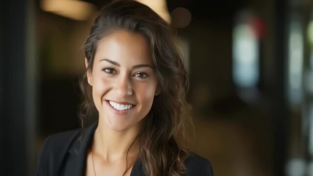 A young Hispanic woman with wavy hair and a bright smile is standing indoors. She is wearing a black blazer and appears confident. The background is slightly blurred, indicating an indoor setting.