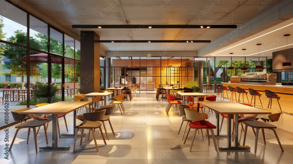 Poster a modern student lounge with spacious dining tables and comfortable seating areas, perfect for study