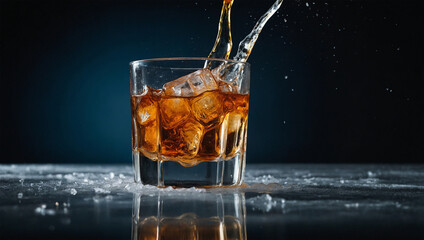 Ice falling into a glass with brown drink