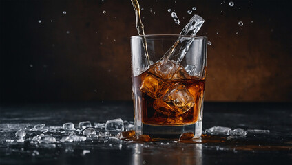 Ice falling into a glass with brown drink