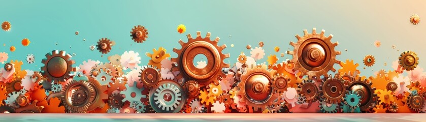 Colorful gears and machinery elements creating an abstract industrial background with vibrant colors and intricate details.
