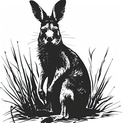 A black and white drawing of a rabbit sitting in tall grass