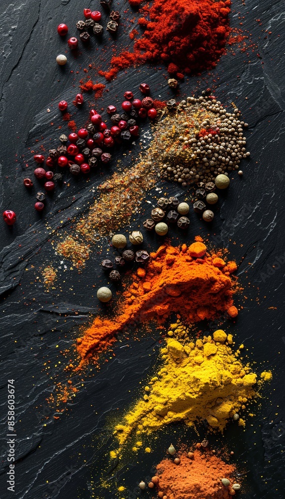 Poster a close-up image showcasing various exotic spices arranged on a black background. generative ai