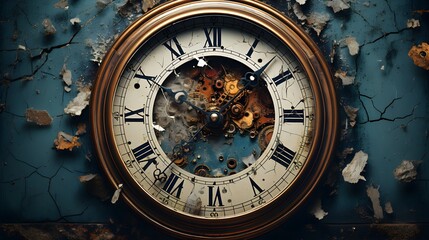 Old clock, vintage clock hands and roman numerals in detailed close-up