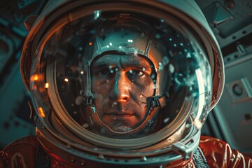 Close-up of a focused astronaut in a space helmet, surrounded by intricate details of the spacecraft. Futuristic space exploration concept.