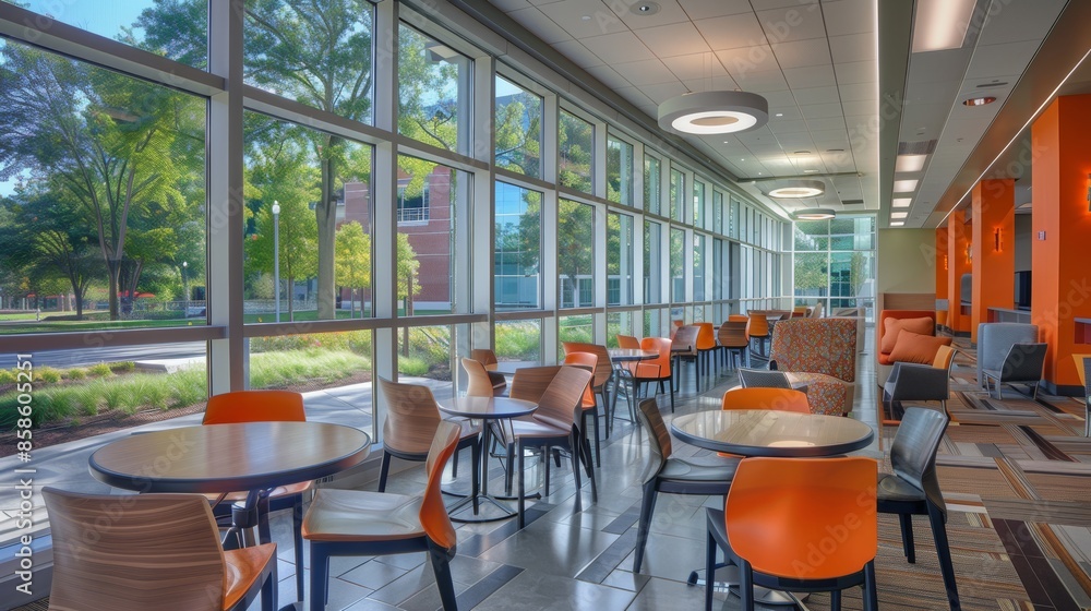 Poster a bright and modern student lounge with dining tables and comfortable seating areas, ideal for study