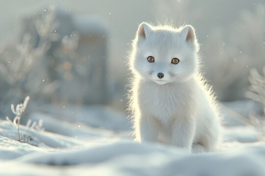 Captivating winter scene featuring an adorable Arctic fox cub in a snowy landscape, highlighting its fluffy fur and curious expression.