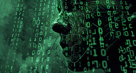 futuristic human head with a background of numbers and codes, in the style of navy and green