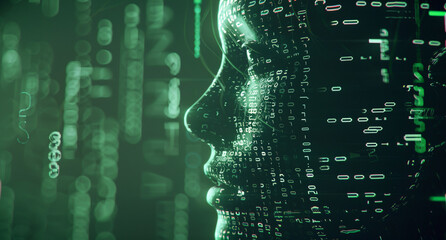 futuristic human head with a background of numbers and codes, in the style of navy and green