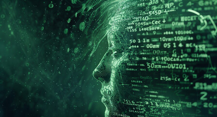 futuristic human head with a background of numbers and codes, in the style of navy and green