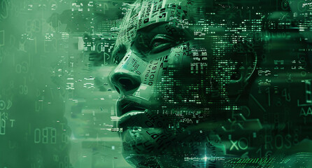 futuristic human head with a background of numbers and codes, in the style of navy and green