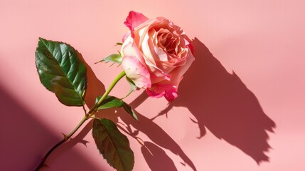 Pink background with rosebud casting sun shadow from top view