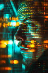 the man's face in a computer screen, in the style of science-fiction dystopias, neurocore